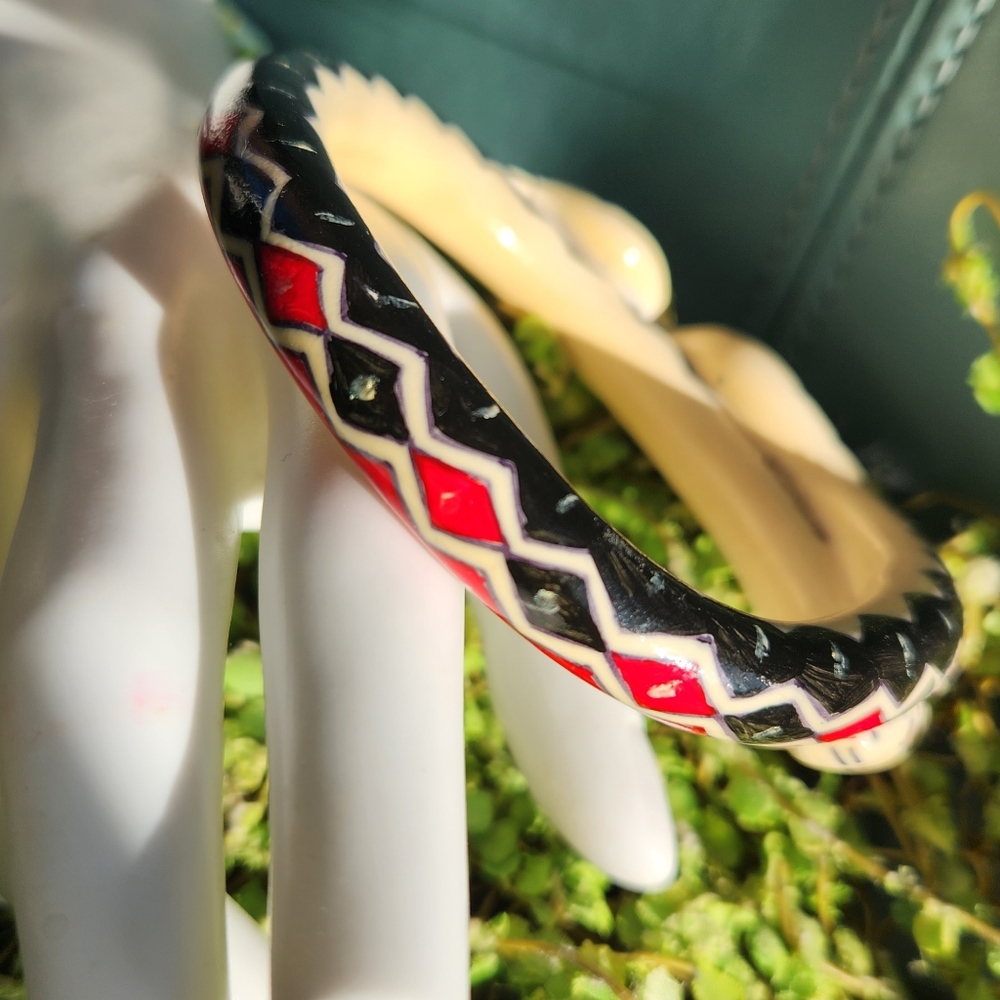 20s SNAKE Serpent Cuff Bangle Art Deco Ivorine Harlequin Handpainted Bracelet - Picture 14 of 16